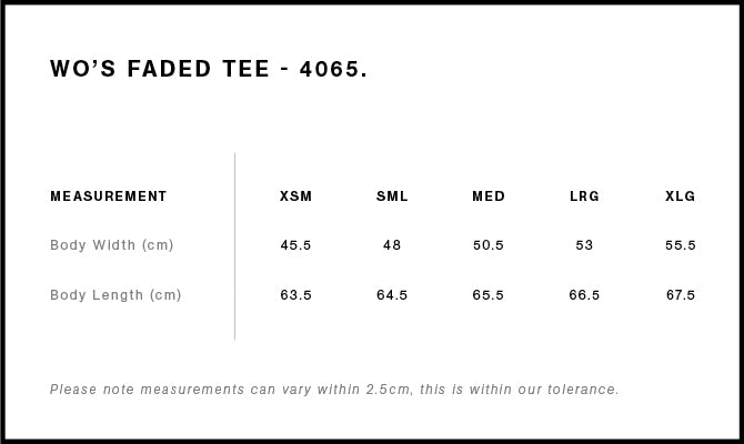 Wo's Maple Faded Tee 4065 - Size guide