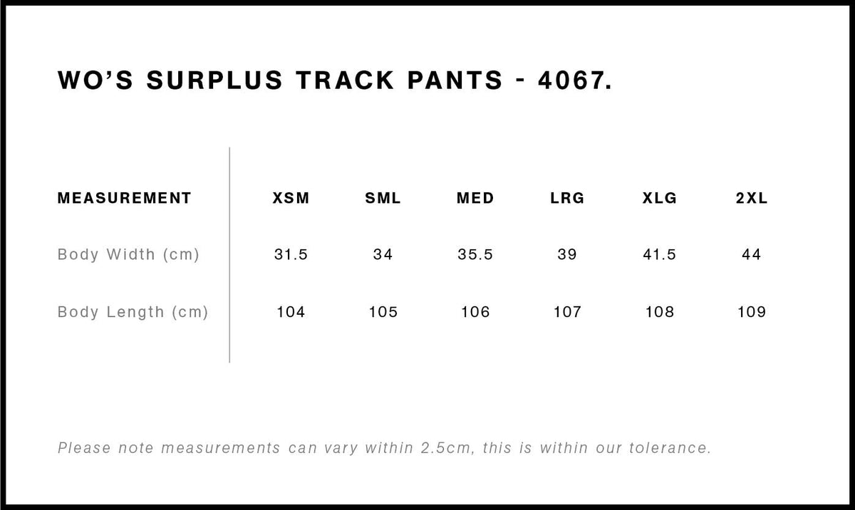 Wo's Surplus Track Pant 4067S - Size guide