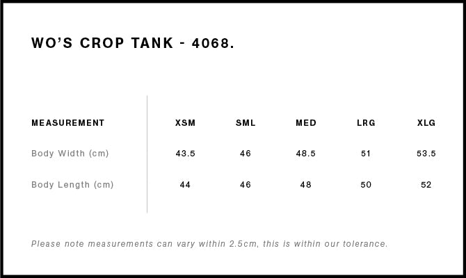 Wo's Crop Tank 4068S - Size guide