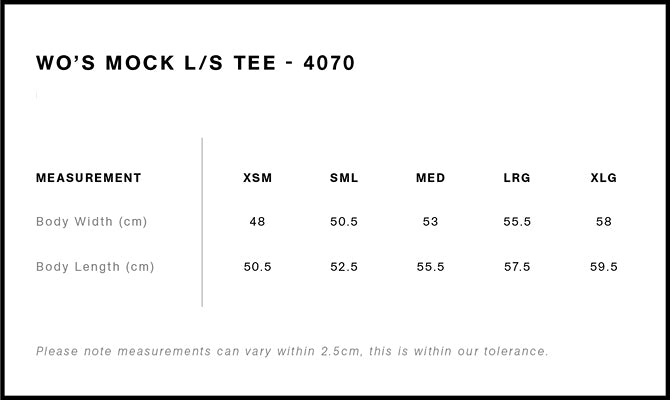 Wo's Mock L/S Tee 4070 - Size guide