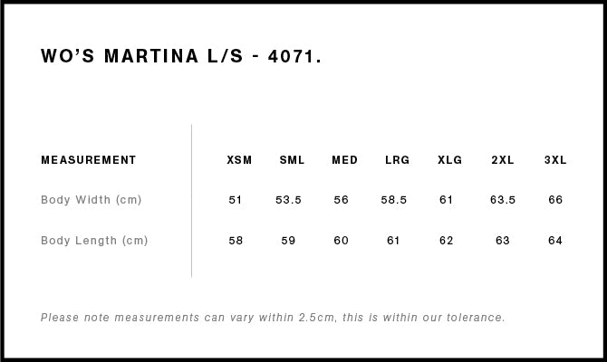 Wo's Martina L/S Tee 4071 - Size guide