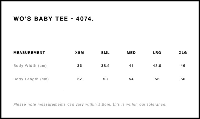 Wo's Organic Rib Baby Tee 4074 - Size guide