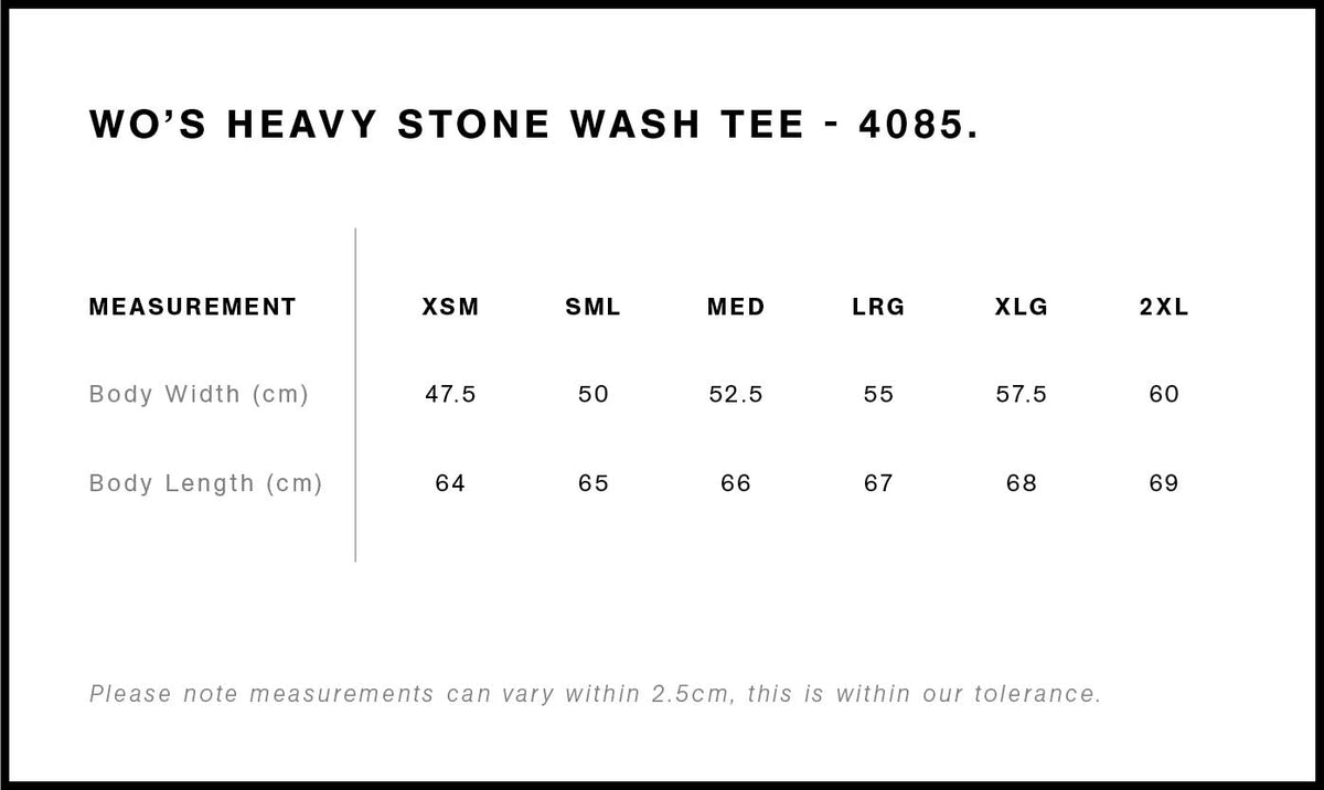 Wo's Stone Wash Heavy Tee 4085 - Size guide