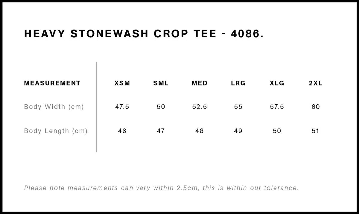 Wo's Stone Wash Heavy Crop Tee 4086 - Size guide
