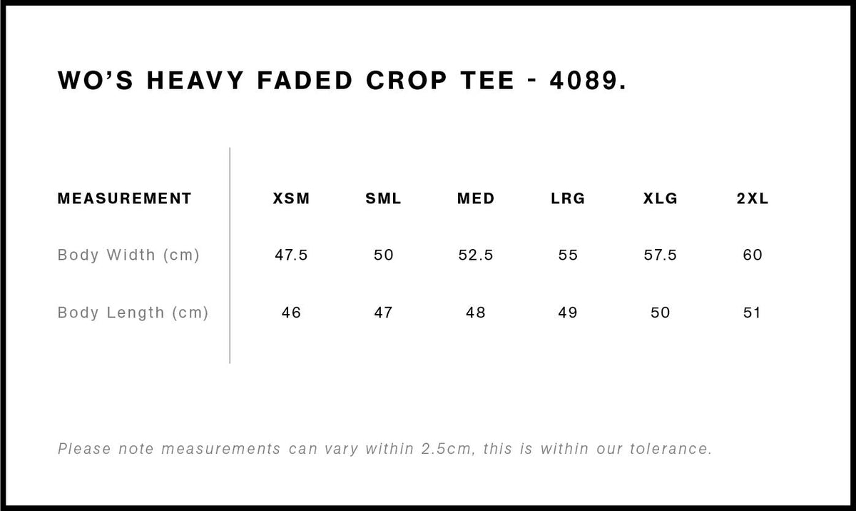 Wo's Heavy Faded Crop Tee 4089 - Size guide