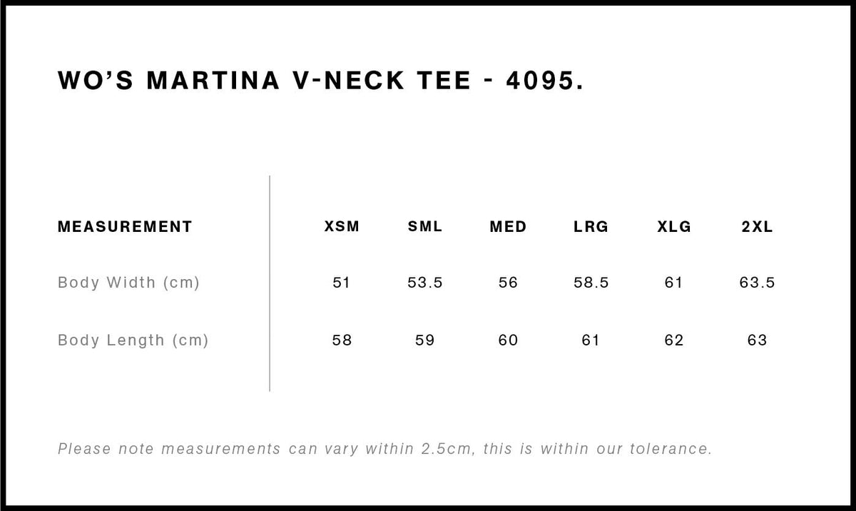 Wo's Martina V Neck Tee 4095 - Size guide