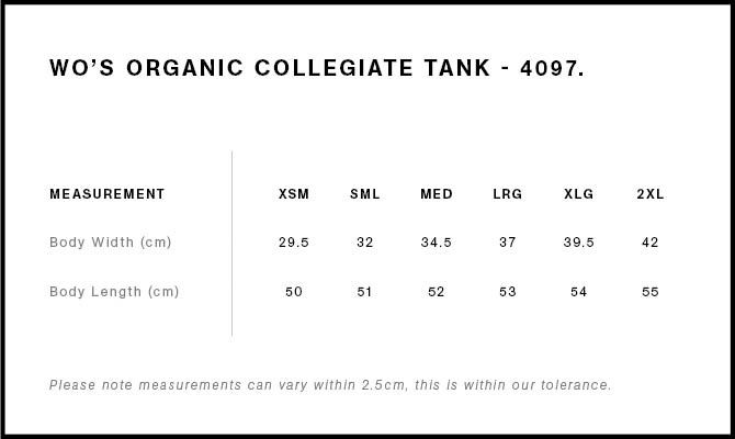 Wo's Organic Collegiate Tank 4097 - Size guide