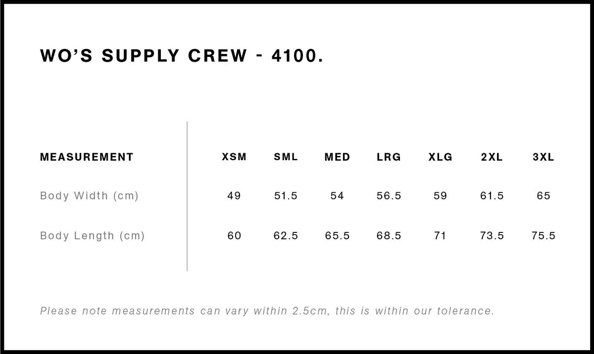 Wo's Supply Crew 4100 - Size guide