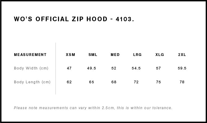 Wo's Official Zip Hood 4103S - Size guide