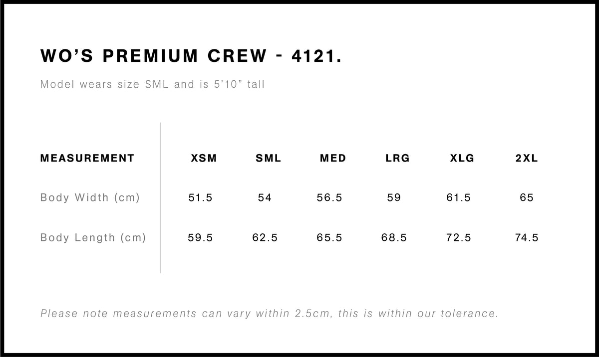 Wo's Premium Crew 4121S - Size guide