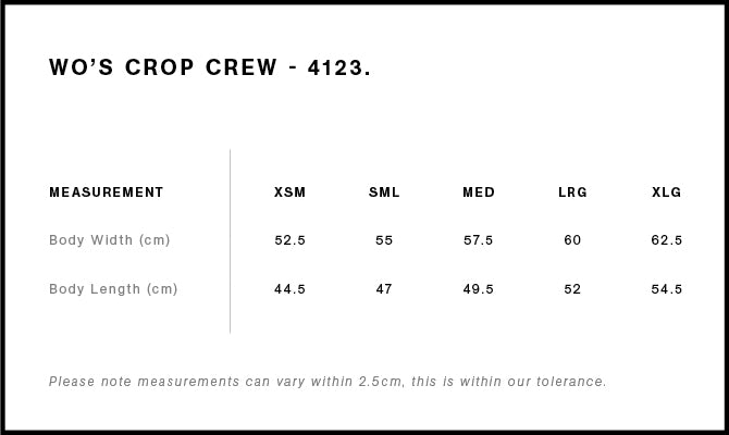 Wo's Crop Crew 4123S - Size guide