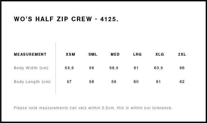Wo's Stencil Half Zip Crew 4125 - Size guide