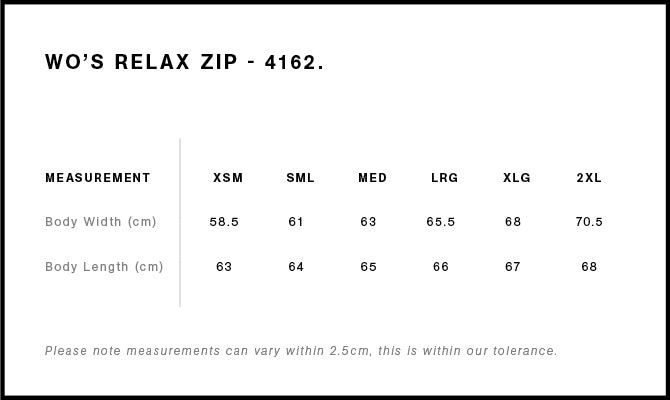 Wo's Relax Zip Hood 4162 - Size guide