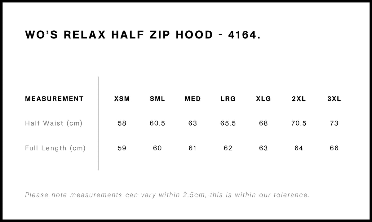 Wo's Relax Half Zip Hood 4164 - Size guide
