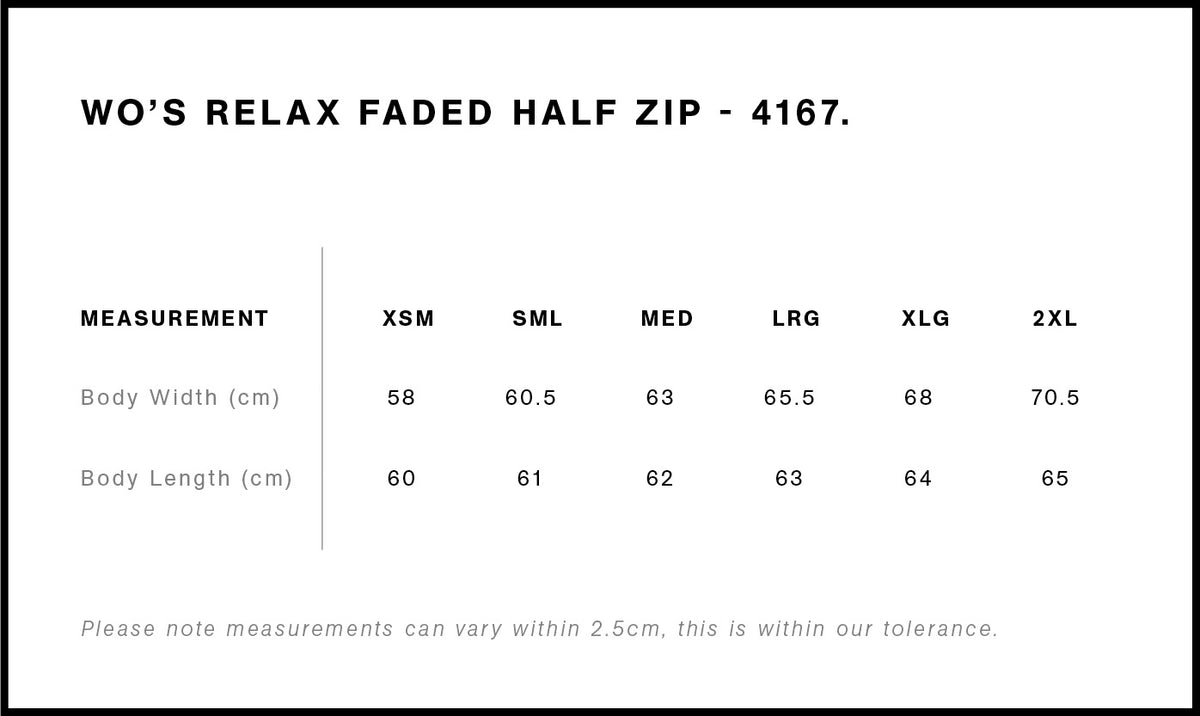 Wo's Relax Faded Half Zip 4167 - Size guide