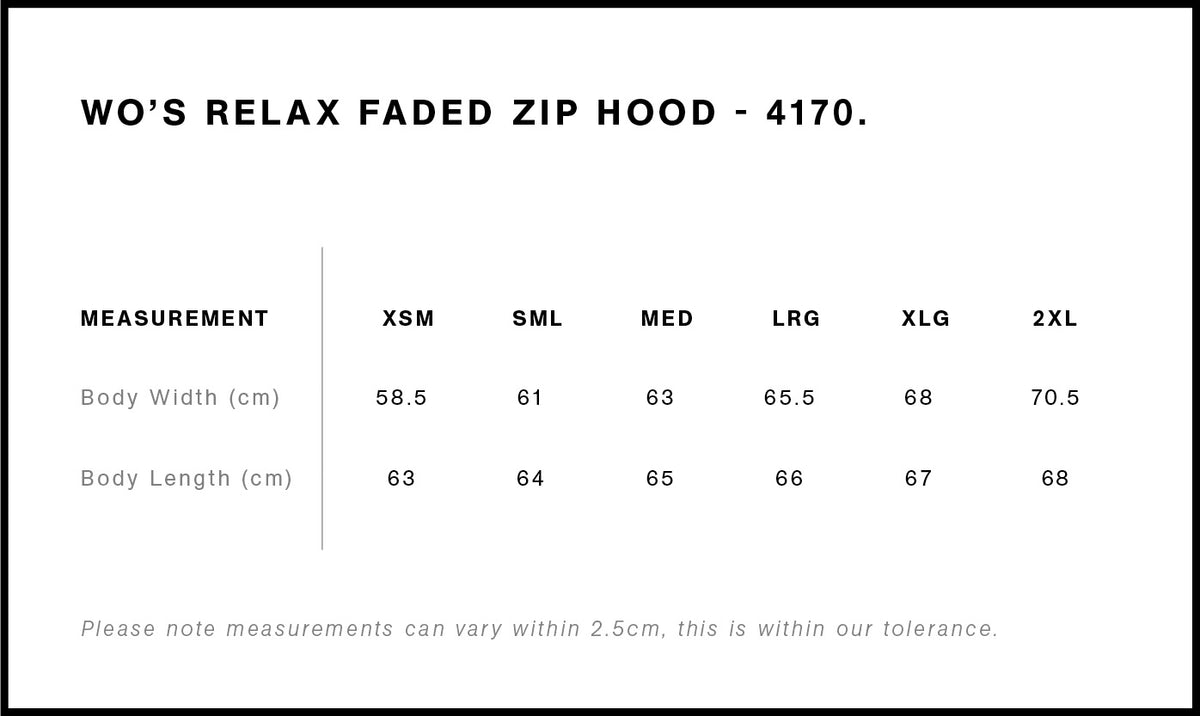 Wo's Relax Faded Zip Hood 4170 - Size guide