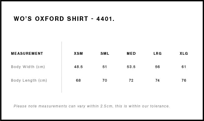 Wo's Oxford Shirt 4401 - Size guide