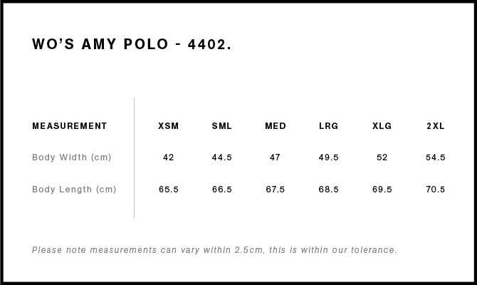 Wo's Amy Polo 4402 - Size guide