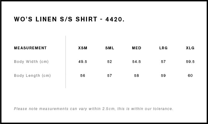 Wo's Linen S/S Shirt 4420S - Size guide