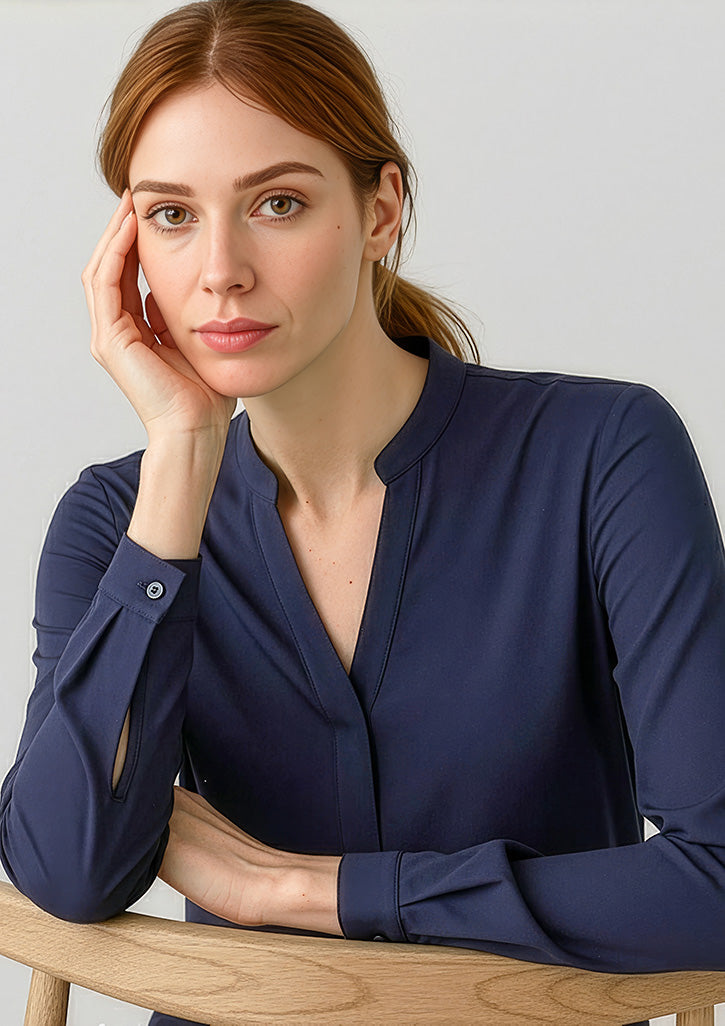 Juliette Womens Long Sleeve Blouse - Navy - Model