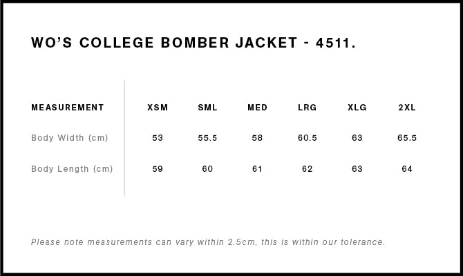 Wo's College Bomber Jacket 4511 - Size guide