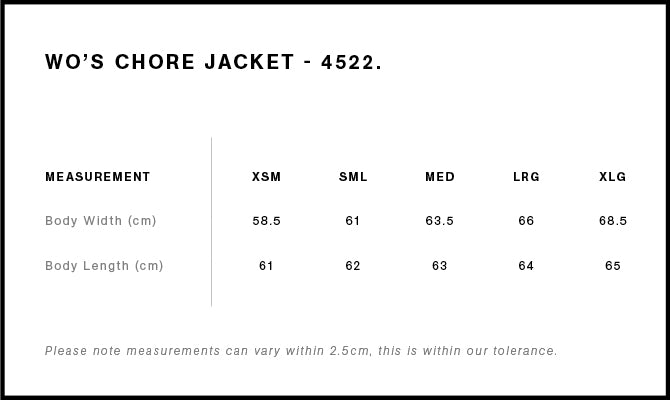 Wo's Chore Jacket 4522 - Size guide