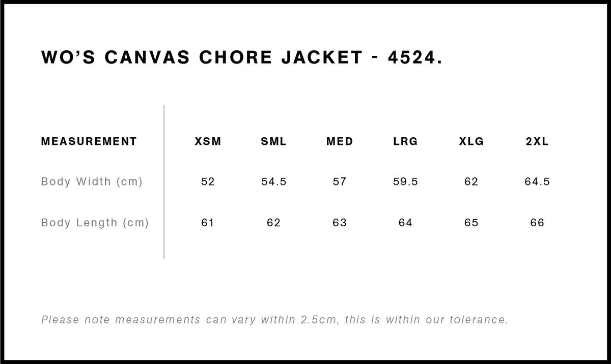 Wo's Canvas Chore Jacket 4524 - Size guide