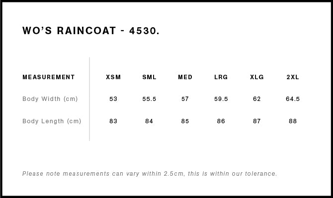 Wo's Rain Jacket 4530 - Size guide