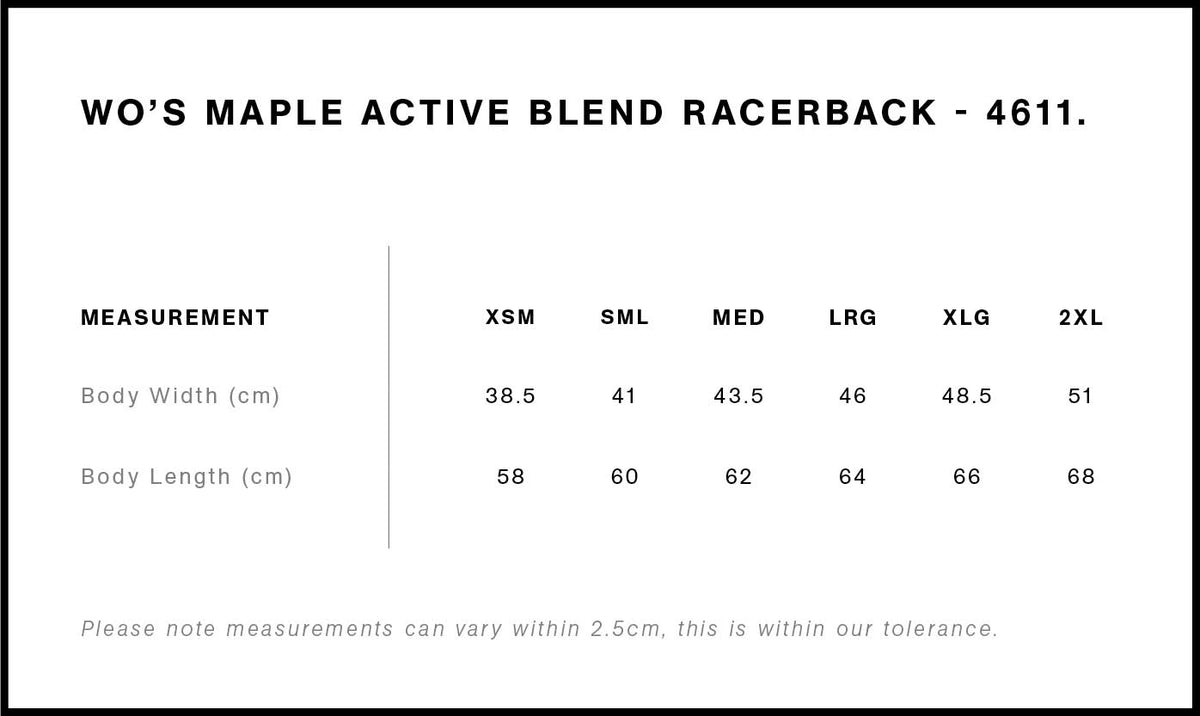 Wo's Maple Active Blend Racerback 4611 - Size guide