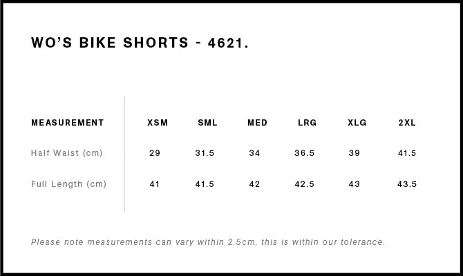 Wo's Active Bike Shorts 4621 - Size guide