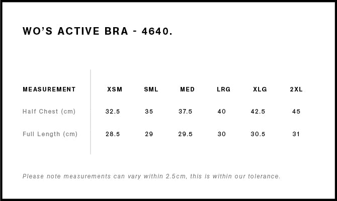 Wo's Active Bra Top 4640 - Size guide