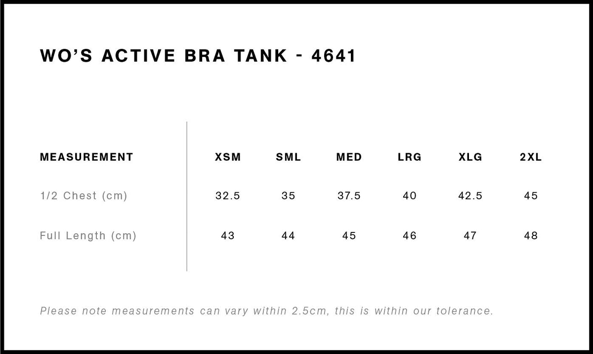 Wo's Active Bra Tank 4641 - Size guide