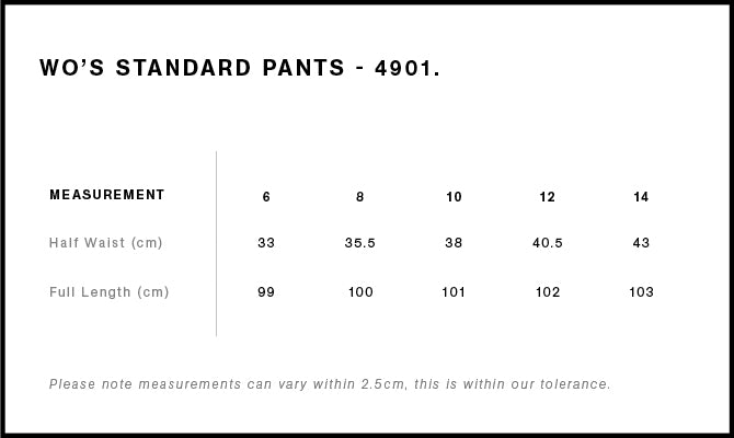 Wo's Standard Pant 4901S - Size guide