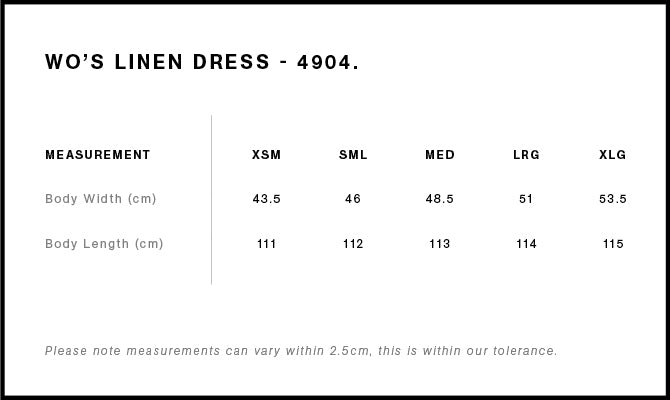 Wo's Linen Dress 4904S - Size guide