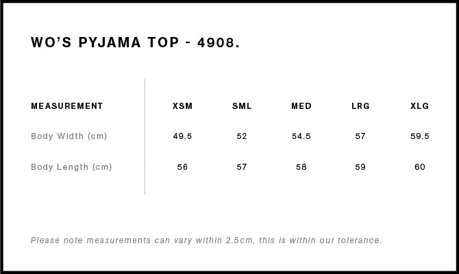 Wo's Pyjama Top 4908S - Size guide