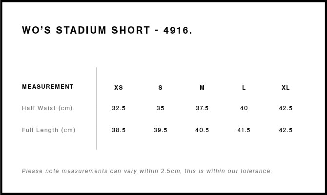 Wo's Stadium Short 4916S - Size guide