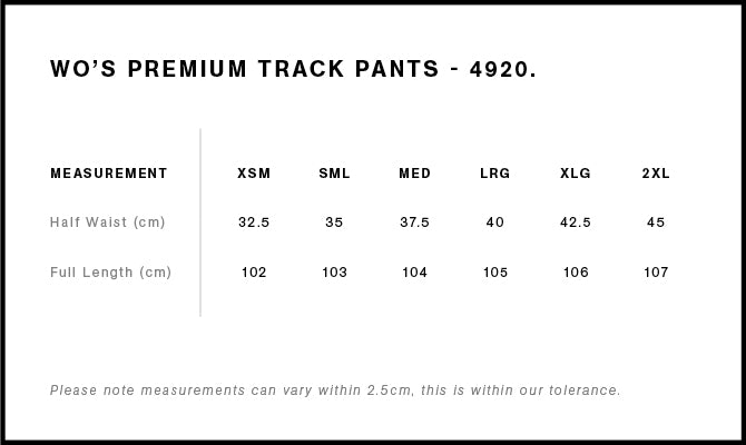 Wo's Premium Track Pants 4920S - Size guide