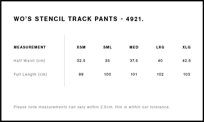 Wo's Stencil Track Pants 4921 - Size guide