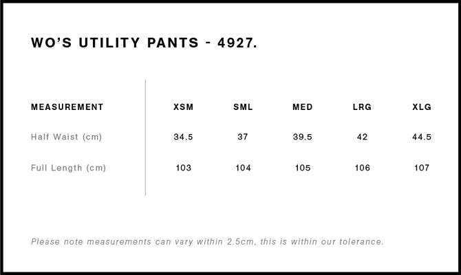 Wo's Utility Pants 4927 - Size guide