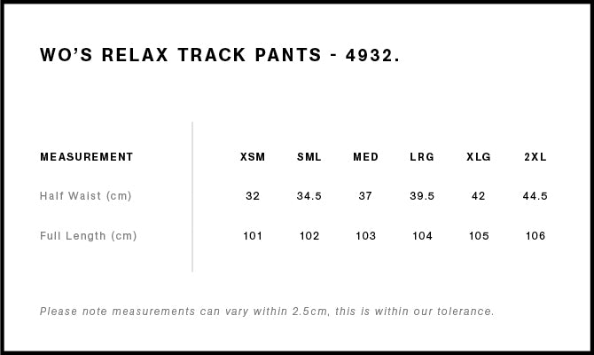 Wo's Relax Track Pants 4932 - Size guide
