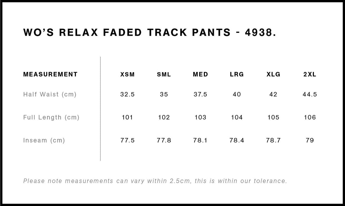 Wo's Relax Faded Track Pants 4938 - Size guide