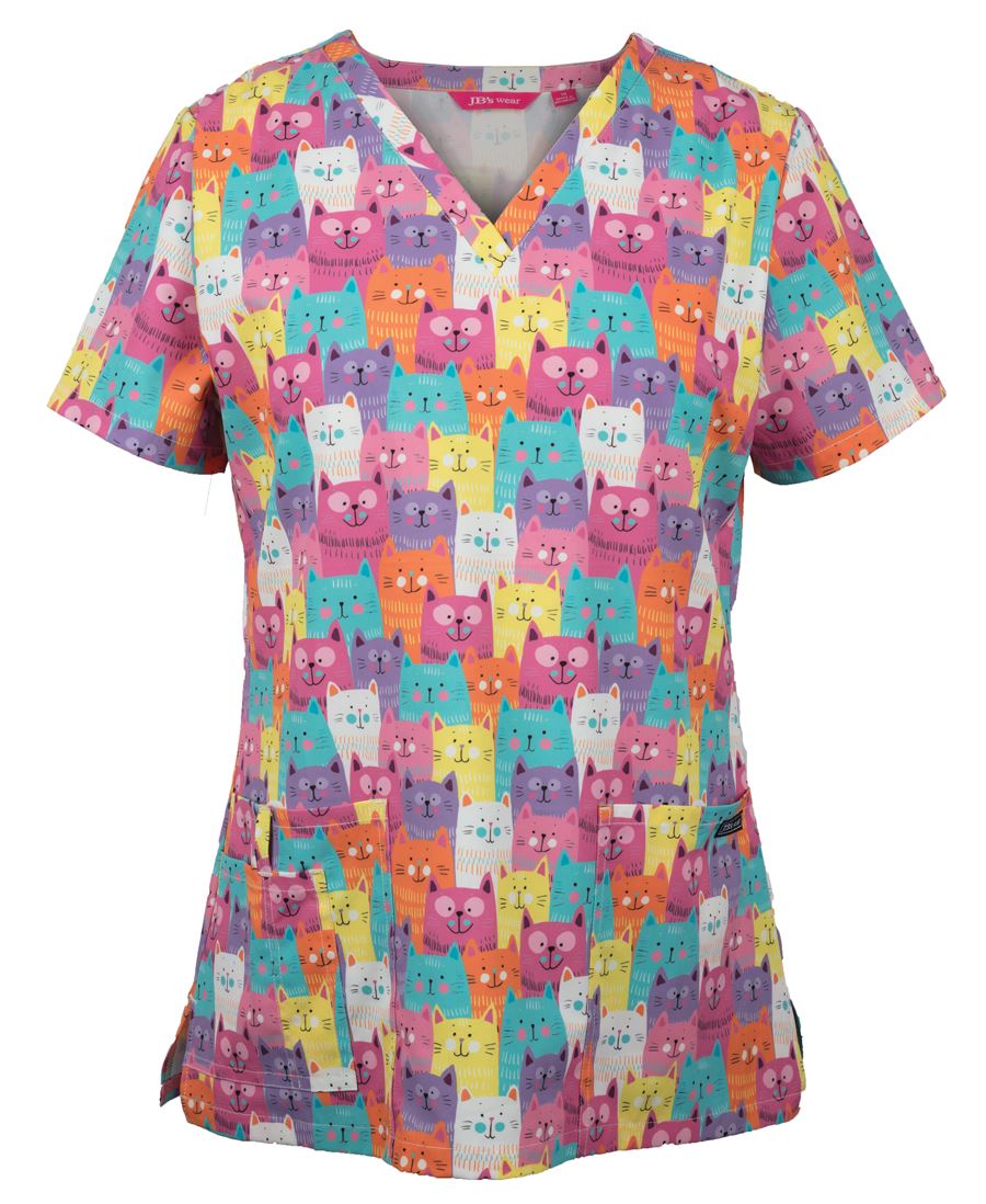 JB's Ladies Scrub Top Printed - Cat - Front