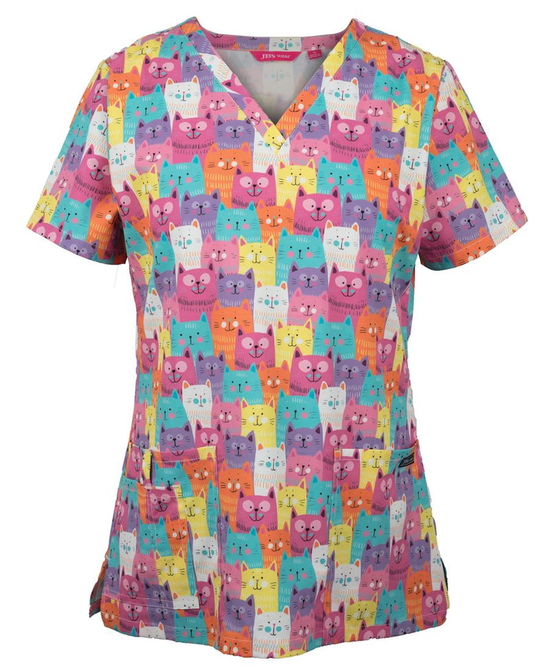 JB's Ladies Scrub Top Printed - Cat - Front