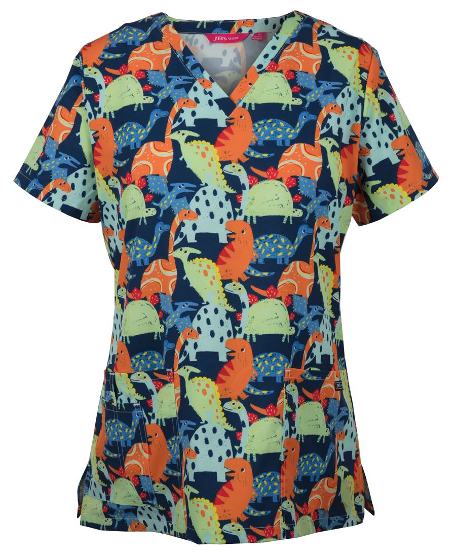 JB's Ladies Scrub Top Printed - Dino - Front