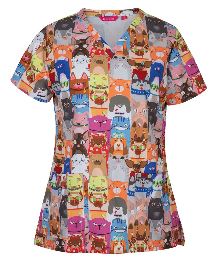 JB's Ladies Scrub Top Printed - Raining Cats & Dogs - Front