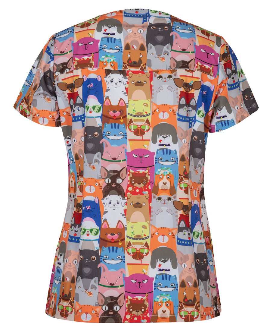 JB's Ladies Scrub Top Printed - Raining Cats & Dogs - Back