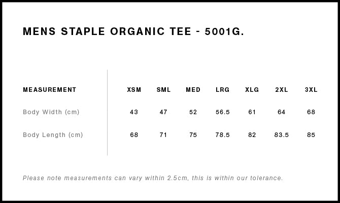 Staple Organic Tee 5001G - Size guide