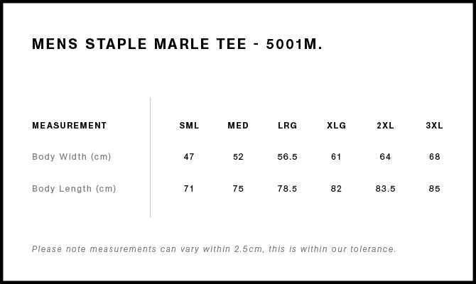 Staple Marle Tee 5001M - Size guide