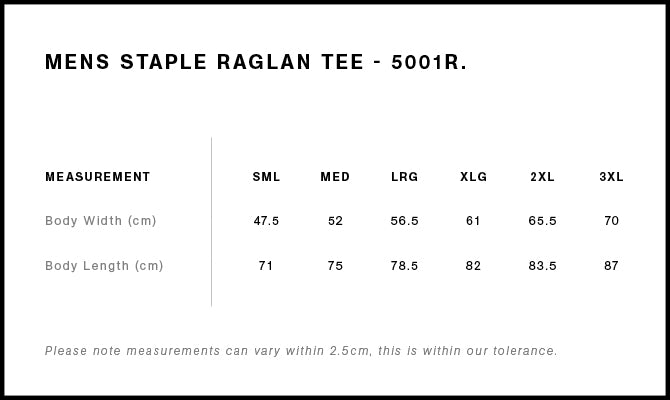 Staple Raglan Tee 5001R - Size guide