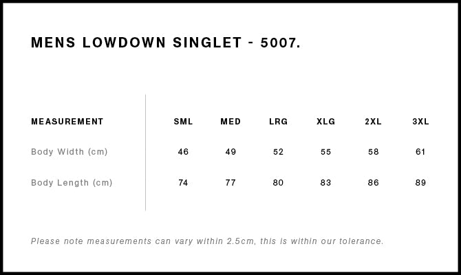 Lowdown Singlet 5007 - Size guide